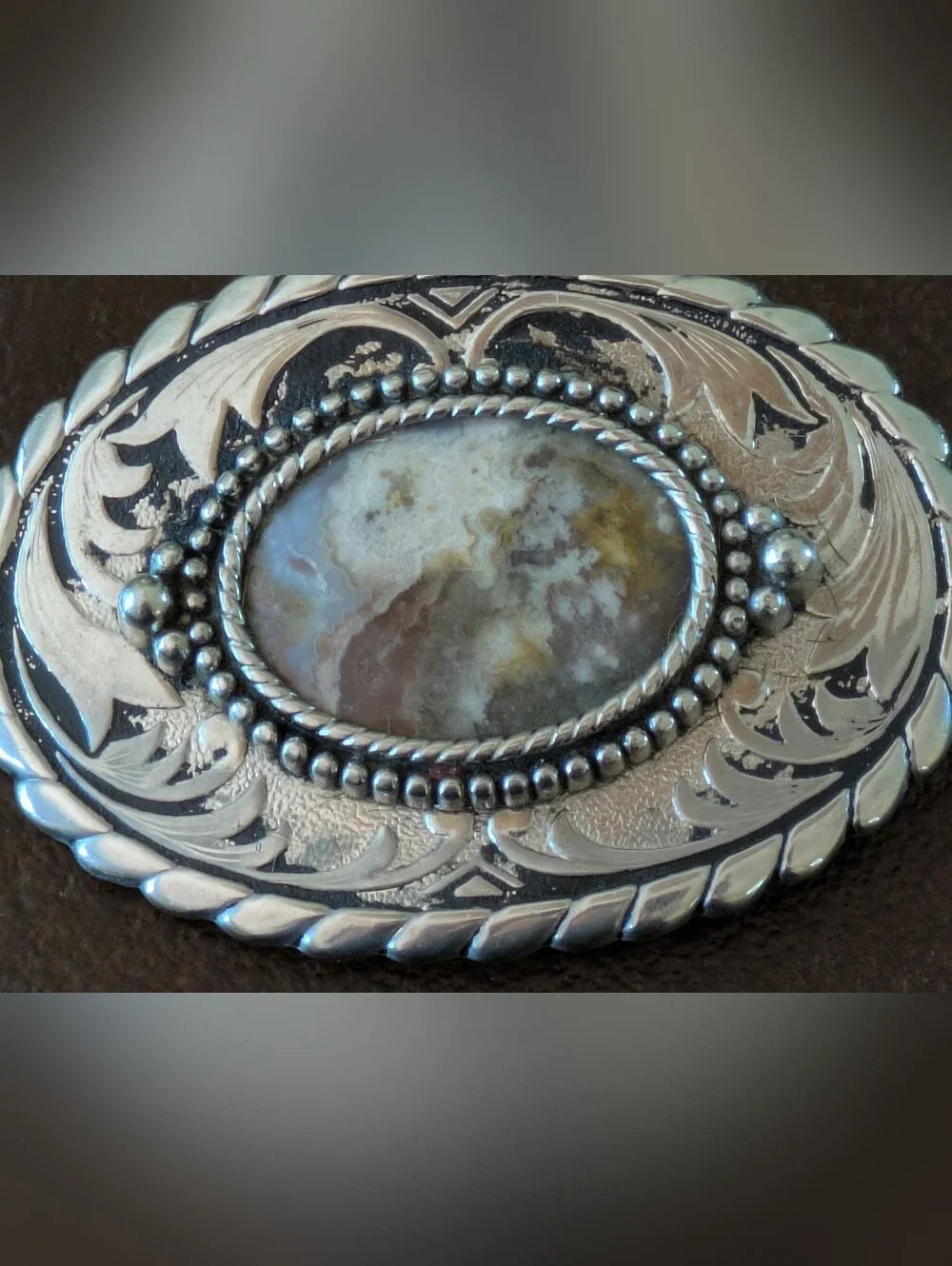 Vintage Americana Western Silver Tone Belt Buckle With Polished Gemstone